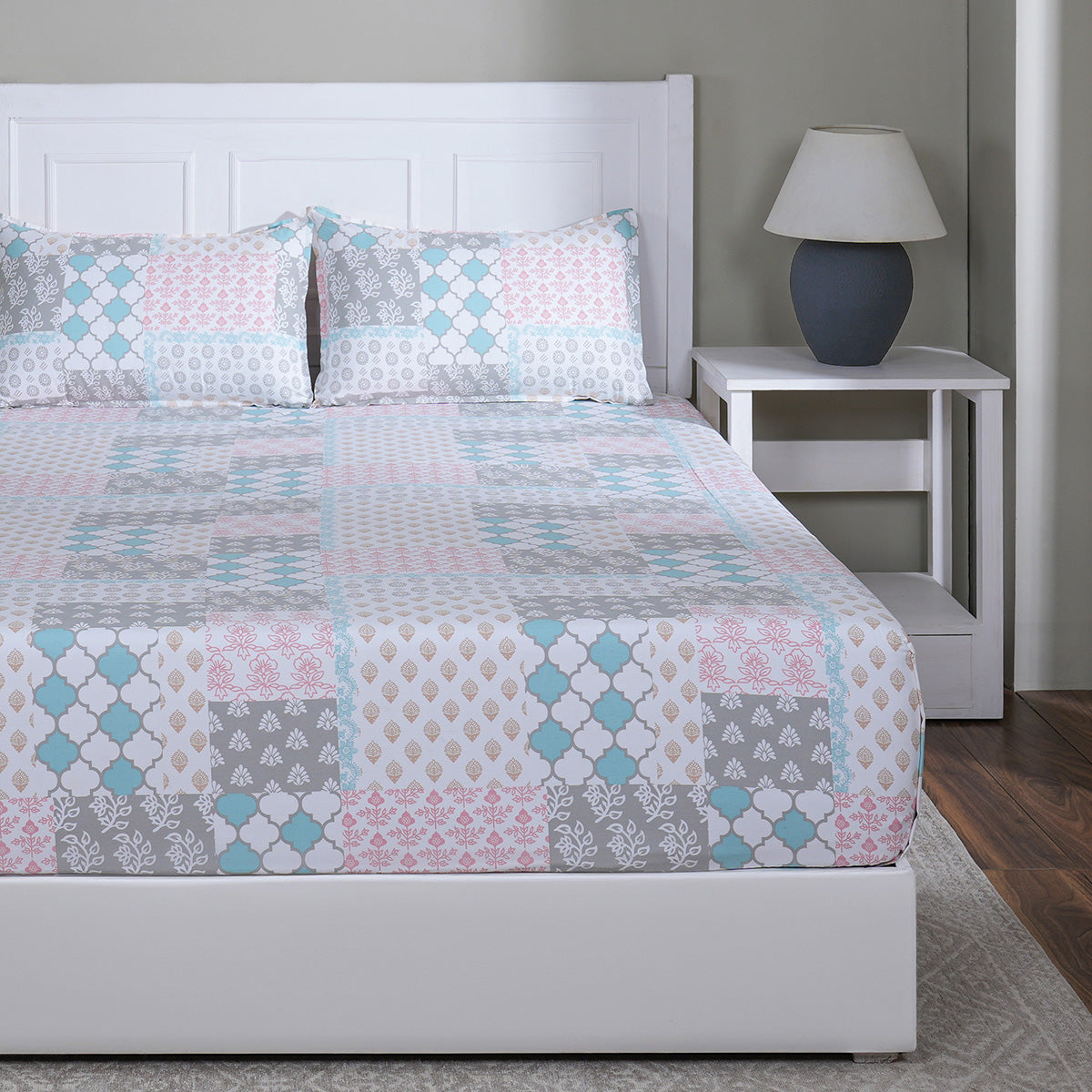Hermosa Sensory Bloom Lennon 100% Cotton Printed Fitted Sheet with Pillow Case Blue