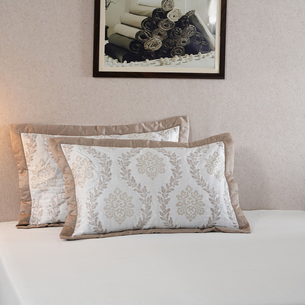 Tranquil Essence Lawn Leaflet Quilted Beige 2 PC Pillow Sham Set